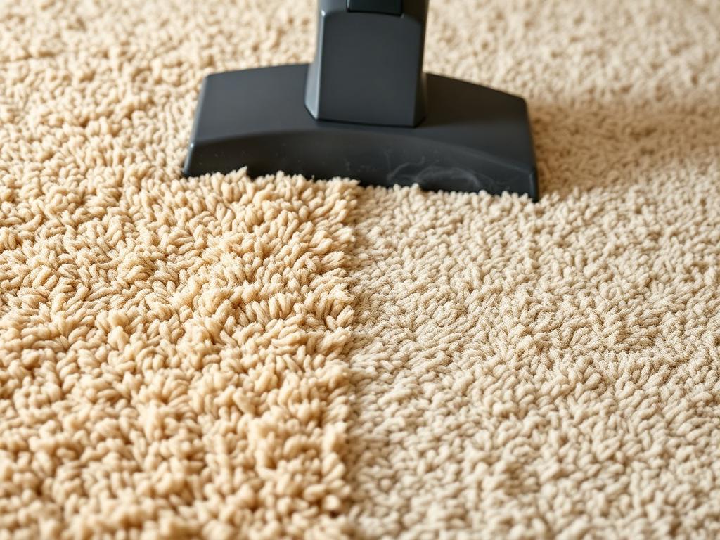 Professional carpet cleaner extracting dirt from plush beige carpet, showing brighter cleaned area
