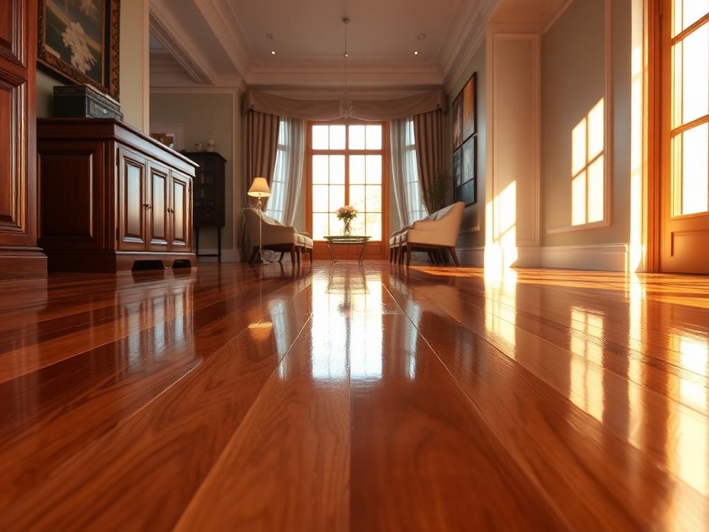Mirror-shine hardwood floor freshly polished, reflecting warm interior light