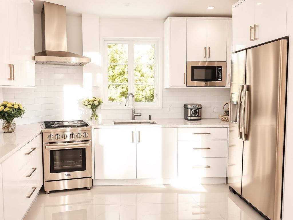 Sparkling clean modern white kitchen with polished stainless steel appliances and marble countertops