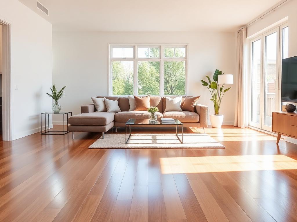 Freshly deep-cleaned modern living room with polished hardwood floors and neatly arranged sofa