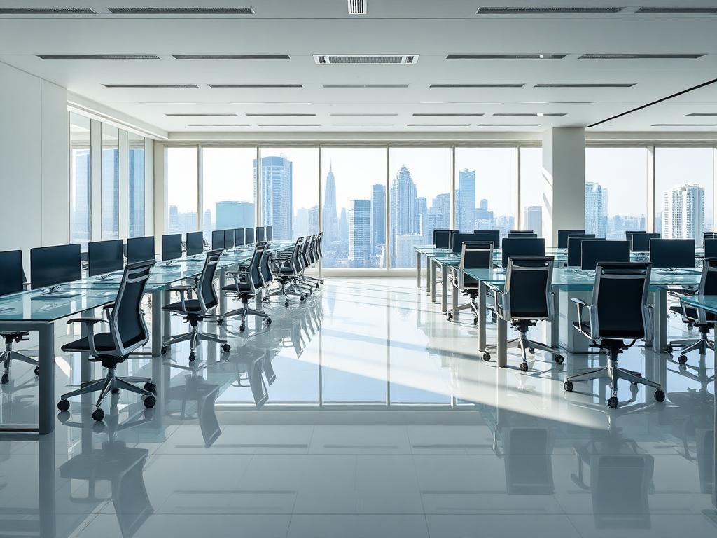 Spotless corporate open-plan office with gleaming glass desks and reflective floors after professional cleaning