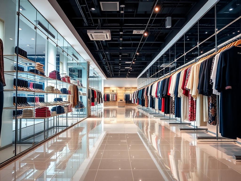 Clean modern retail store aisle with tidy merchandise displays and shining floors