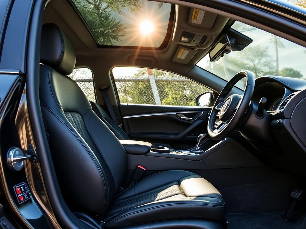 Immaculately detailed car interior with spotless black leather seats and polished dashboard